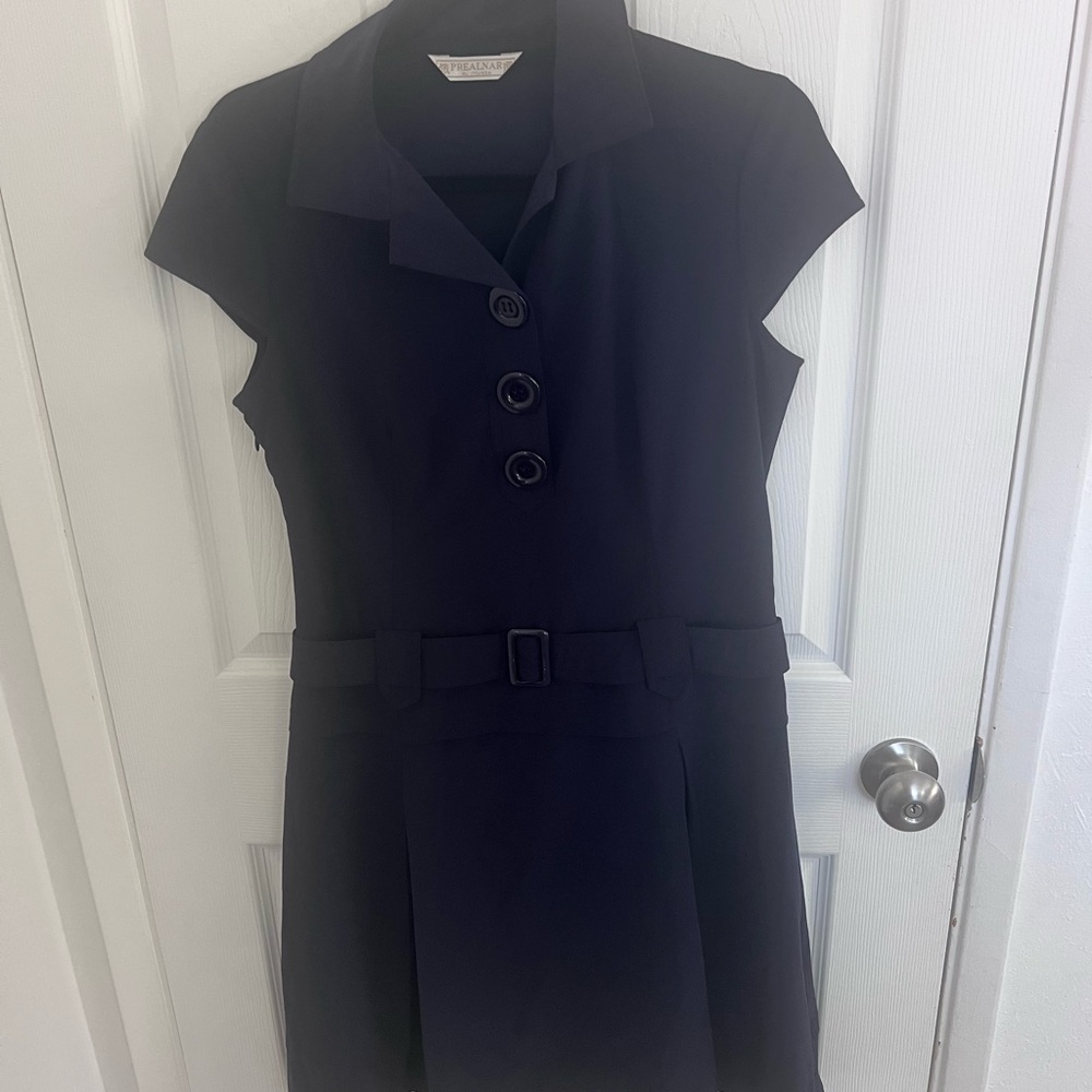 Prealnar  Black Cap-Sleeve Belted Mini Dress with‎ Button Front